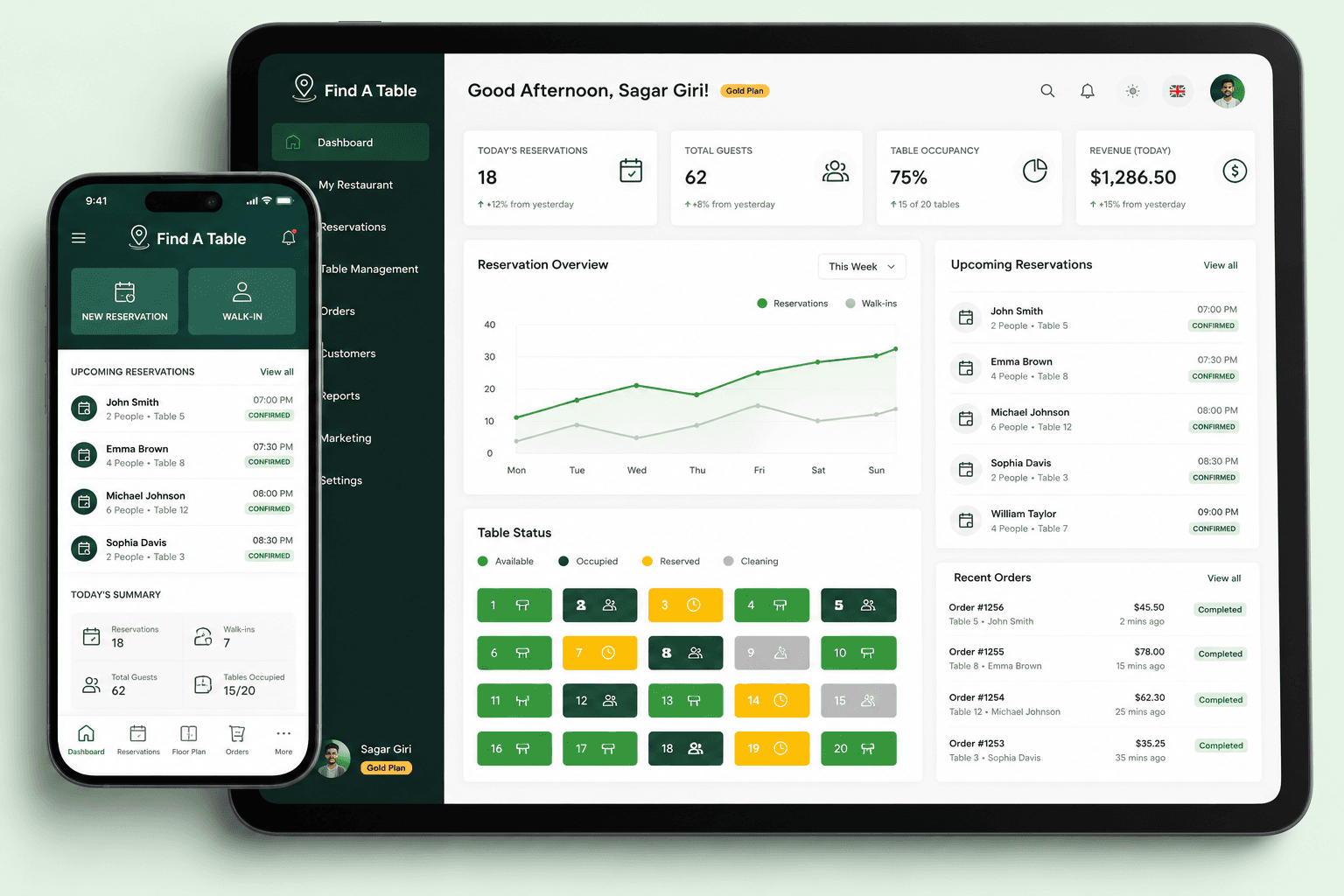Find A Table POS dashboard on tablet and mobile